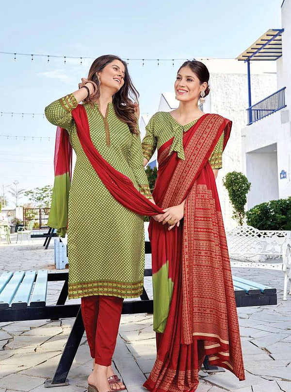 Women's Nova Silk uniform saree and suit pair - Olive Green & Red (D.No 6007)