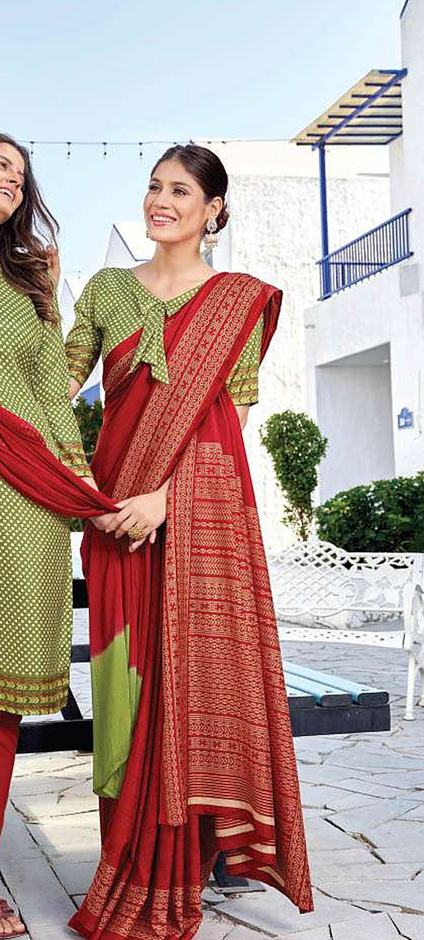 Women's Nova Silk Uniform Saree & Suit – Olive Green & Red - Back