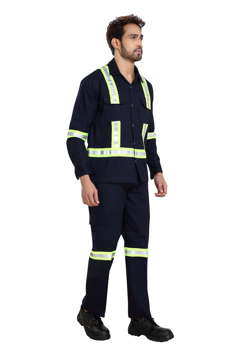 Boiler Pant Shirt Set – Navy Blue, Green Reflective Tape - Right Sleeve