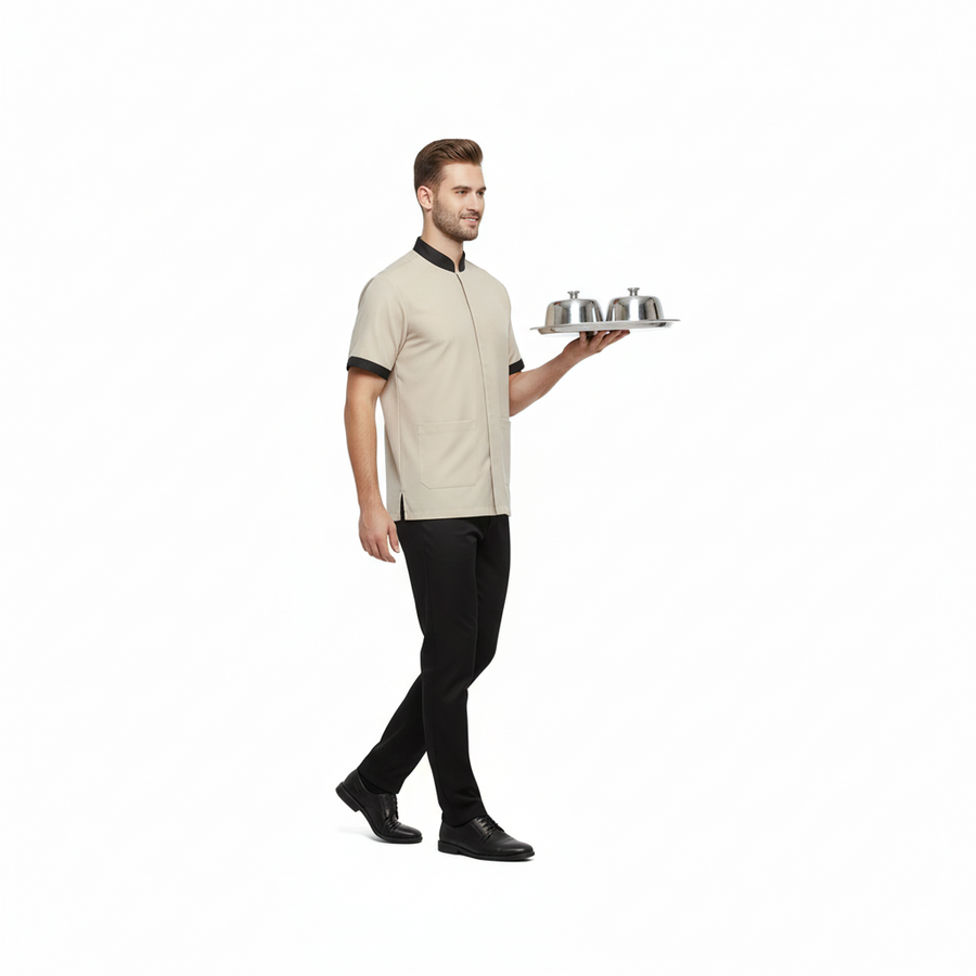 Half Sleeve Waiter Uniform – Cream & Coffee Brown - Back