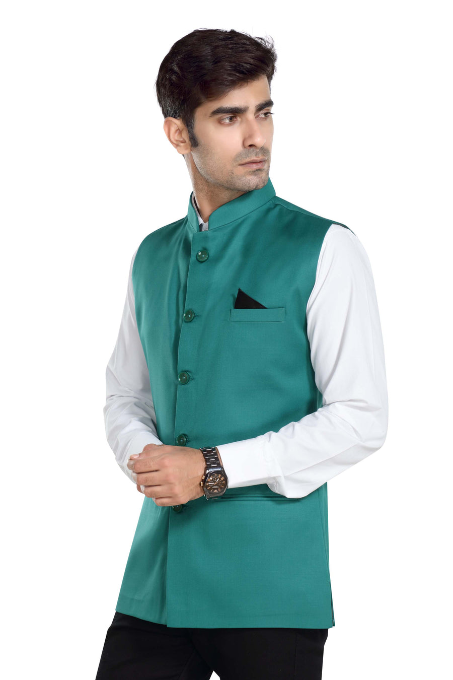 Men's TR Nehru Jacket – Sea Green - Left Sleeve