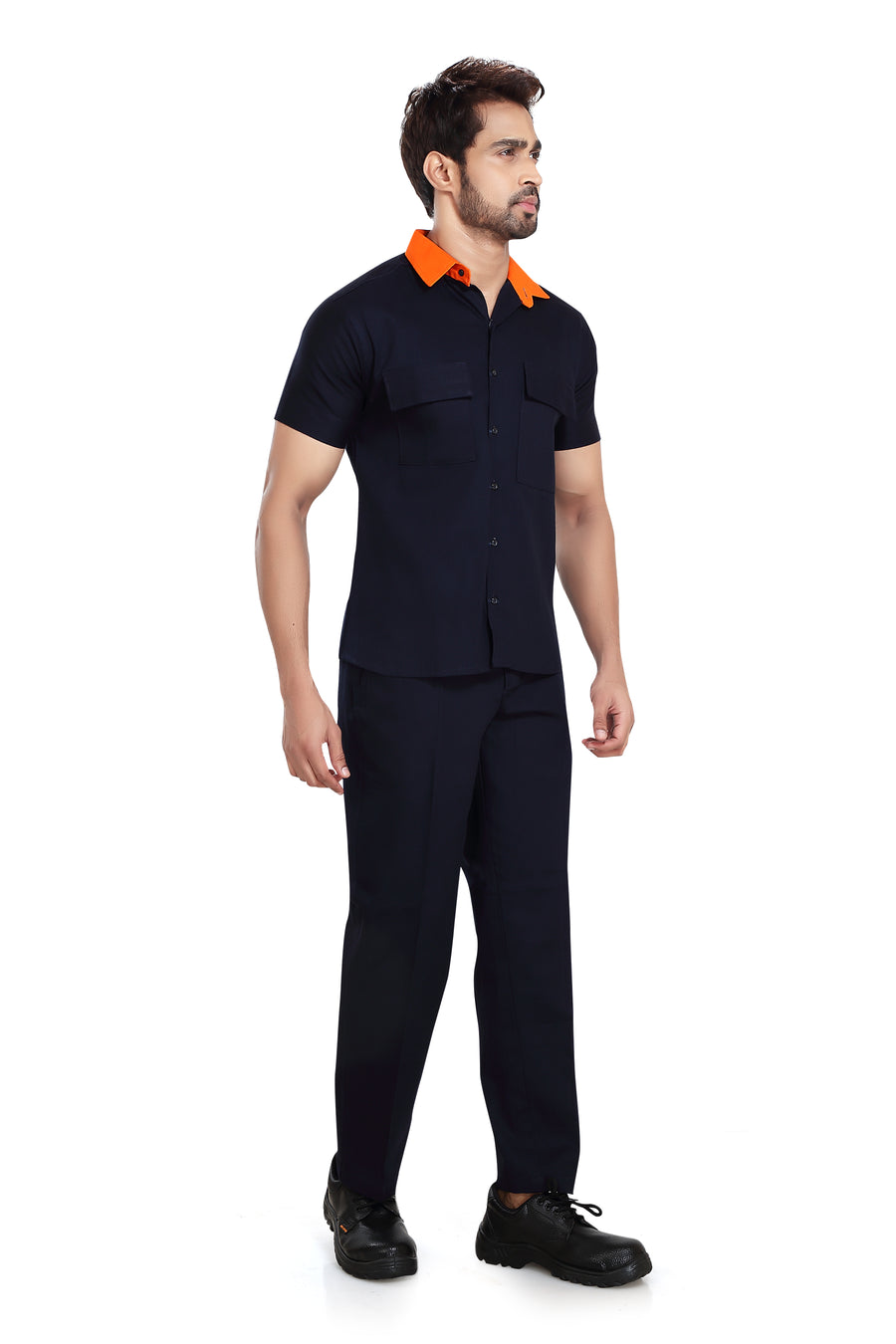 Industrial Worker Uniform – Navy Blue with Orange Collar, Half Sleeve - Left Sleeve