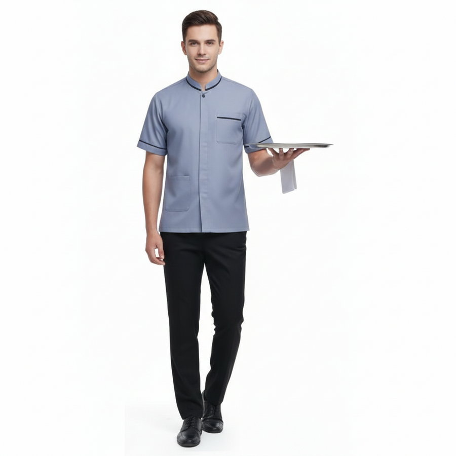 Half Sleeve Waiter Uniform – Steel Grey & Black - Front