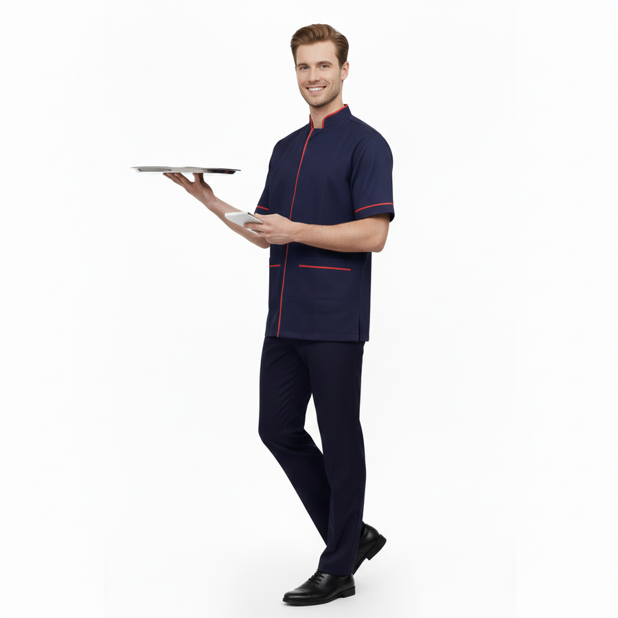 Half Sleeve Waiter Uniform – Navy Blue & Red - Back