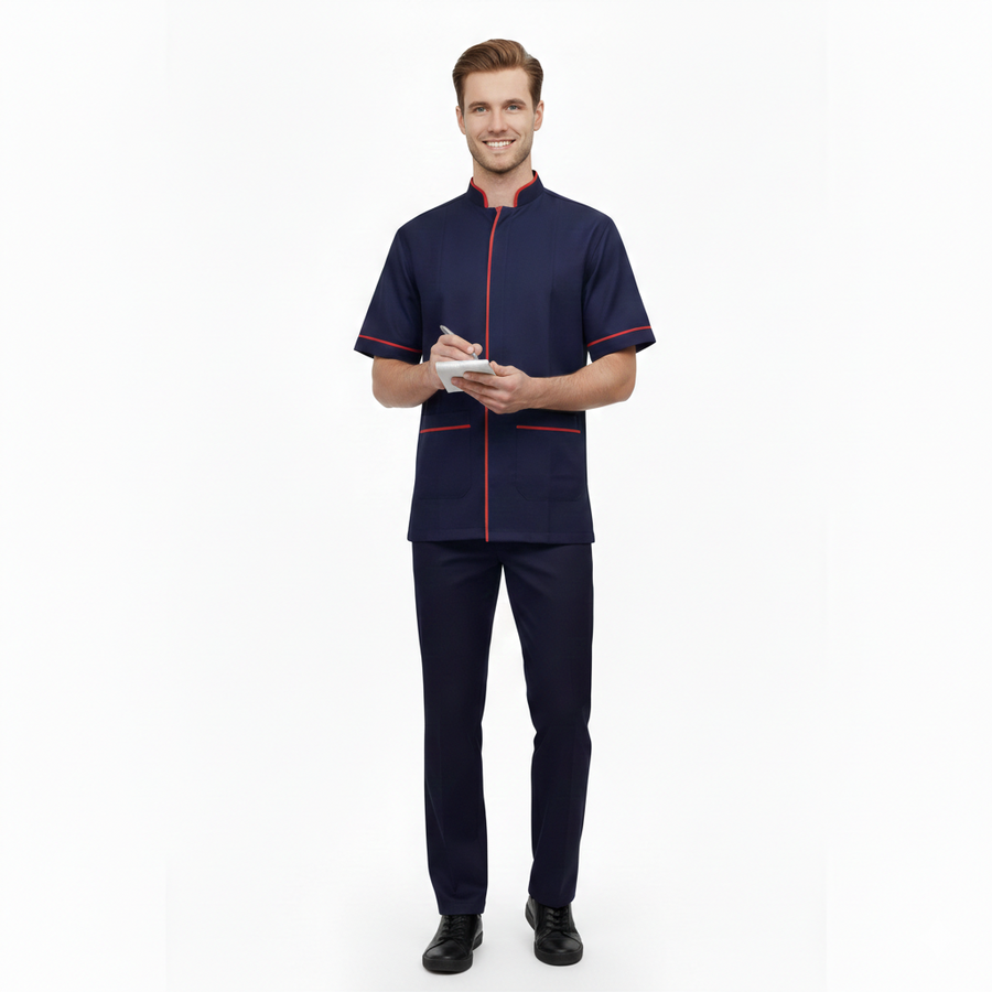 Half Sleeve Waiter Uniform – Navy Blue & Red - Front