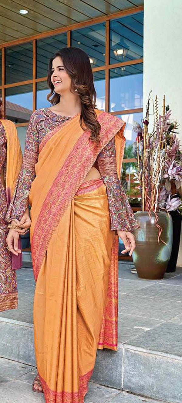 Mustard uniform saree with blouse piece - D.No 6001