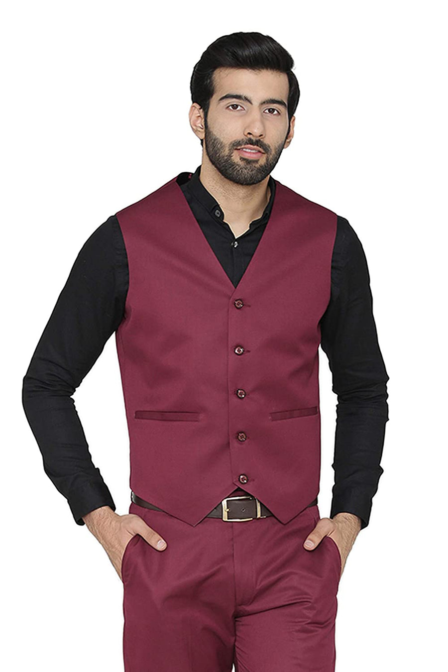 Men's Slim Fit TR Waistcoat – Wine Maroon - Left Sleeve