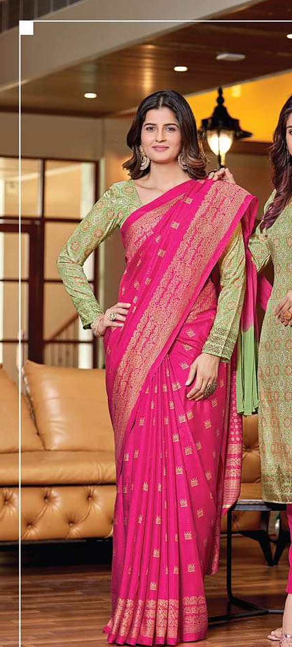 Rani pink uniform saree with blouse piece - D.No 6005