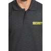 Charcoal melange security polo T-shirt – close-up of collar and chest print