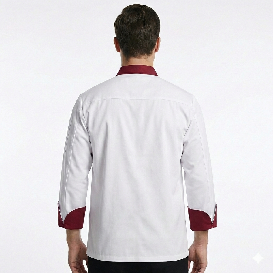 Chef Coat – White & Maroon - Left Sleeve