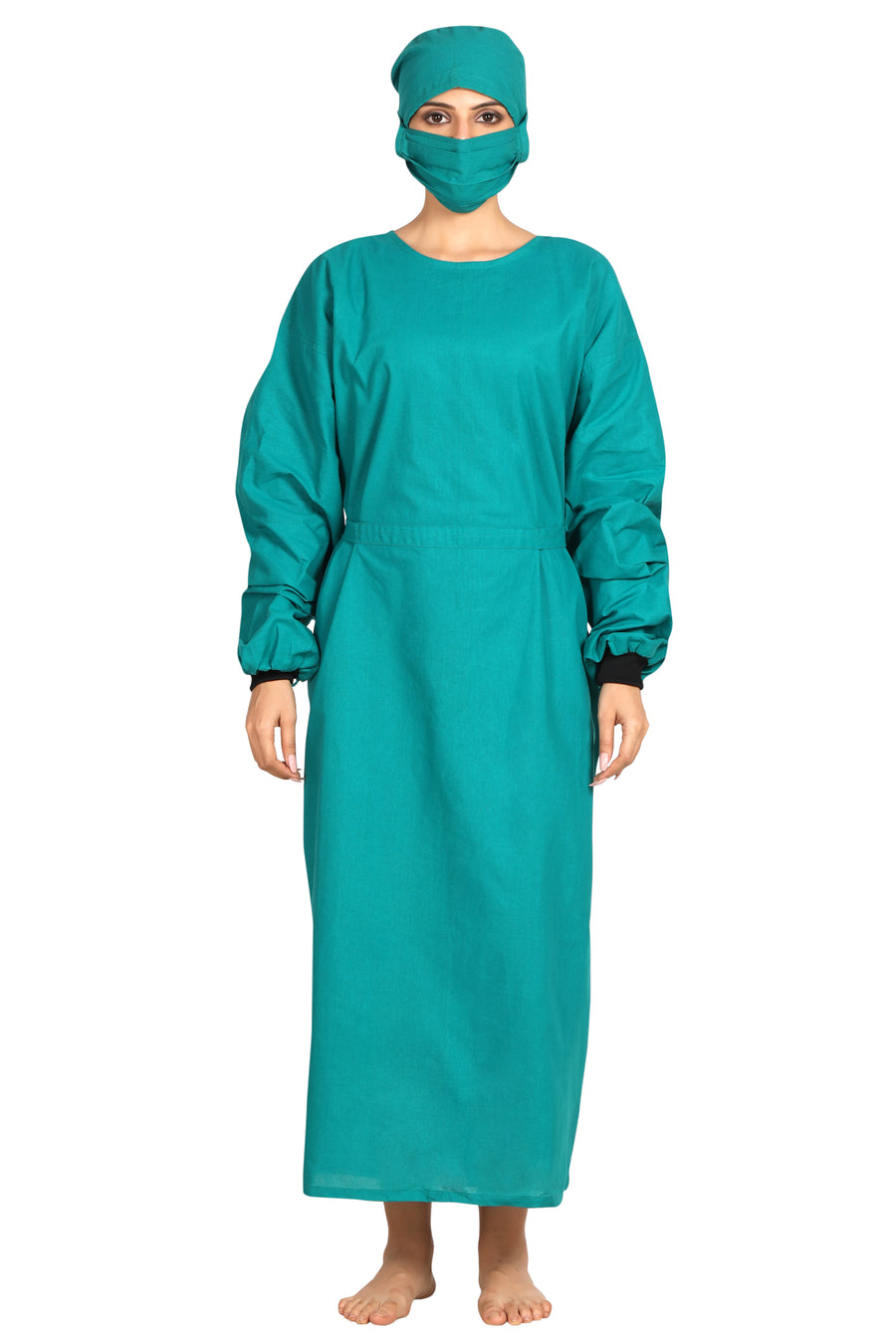 Women's OT Gown Set – Surgical Green, Back Tie, with Cap & Mask - Front
