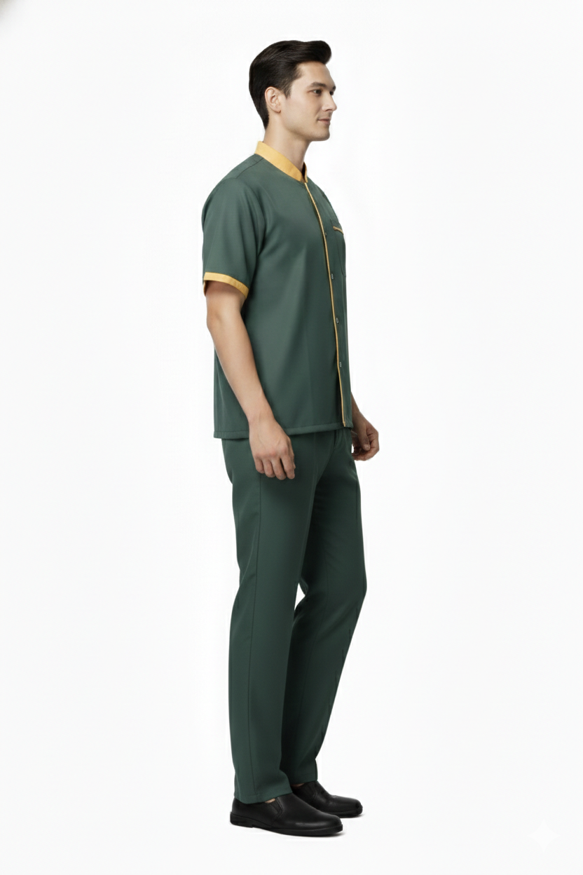 Half Sleeve Waiter Uniform – Dark Green & Mustard - Left Sleeve