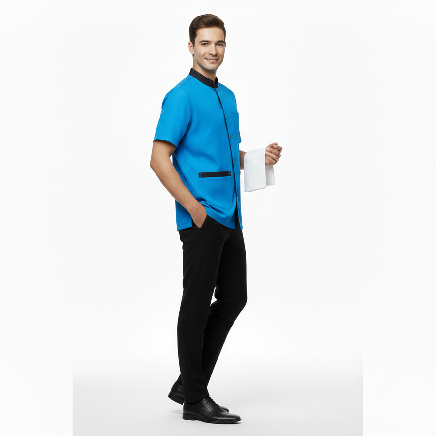 Half Sleeve Waiter Uniform – Azure Blue & Black - Back