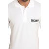 White security polo T-shirt – close-up of collar and chest print