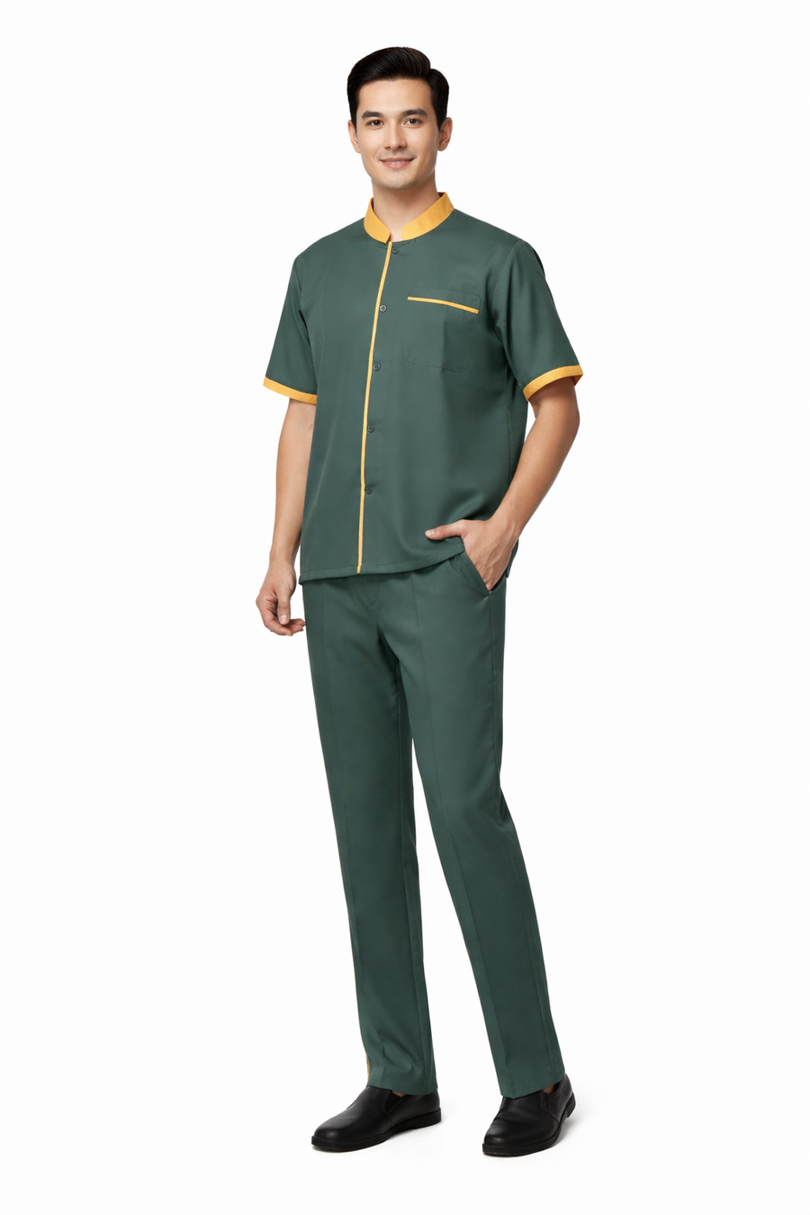 Half Sleeve Waiter Uniform – Dark Green & Mustard - Back