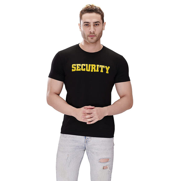 Black security round neck T-shirt with yellow SECURITY print – front view