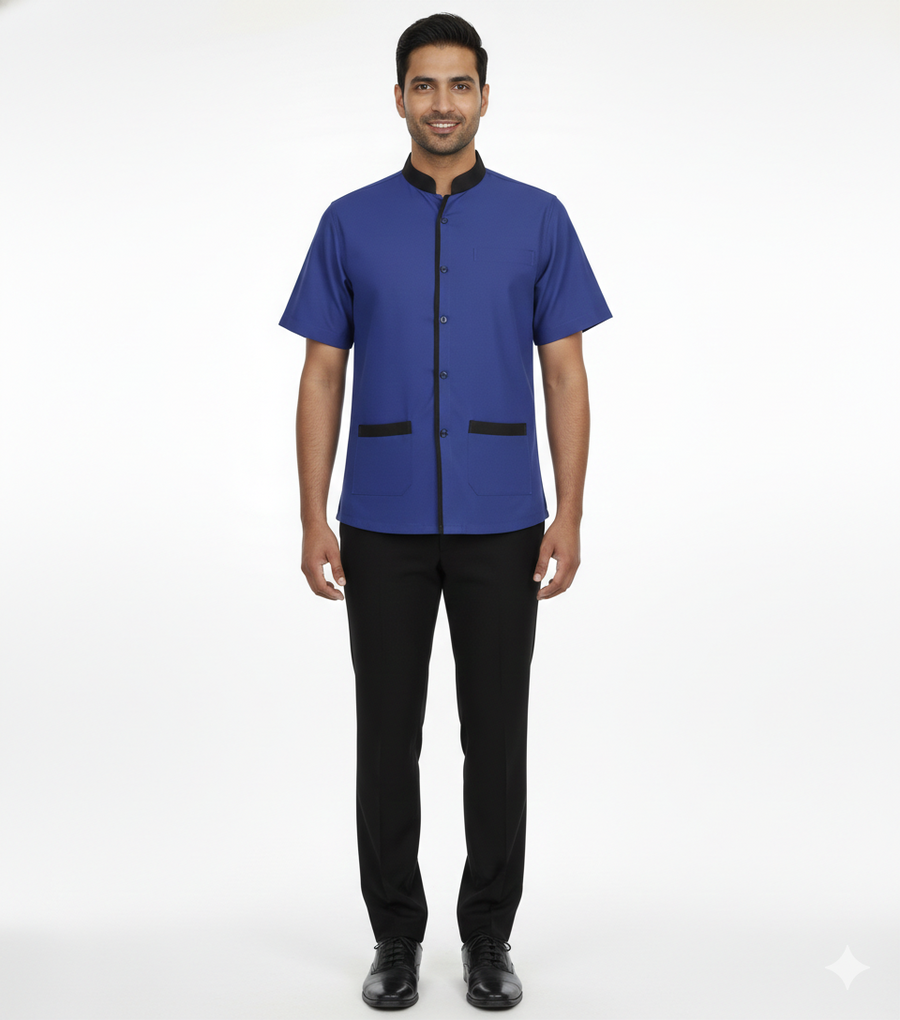 Half Sleeve Waiter Uniform – Royal Blue & Black - Front