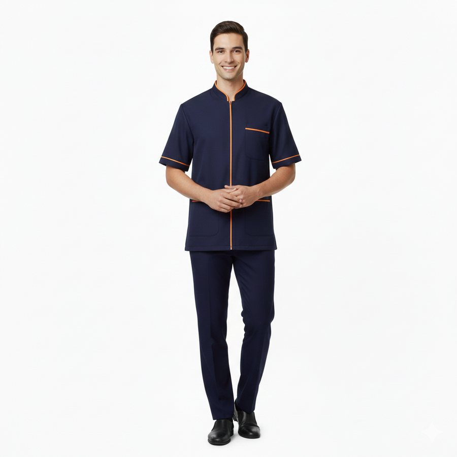 Half Sleeve Waiter Uniform – Navy Blue & Orange - Front