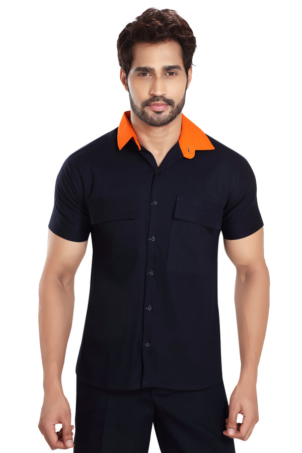 Industrial Worker Uniform – Navy Blue with Orange Collar, Half Sleeve – shirt close-up
