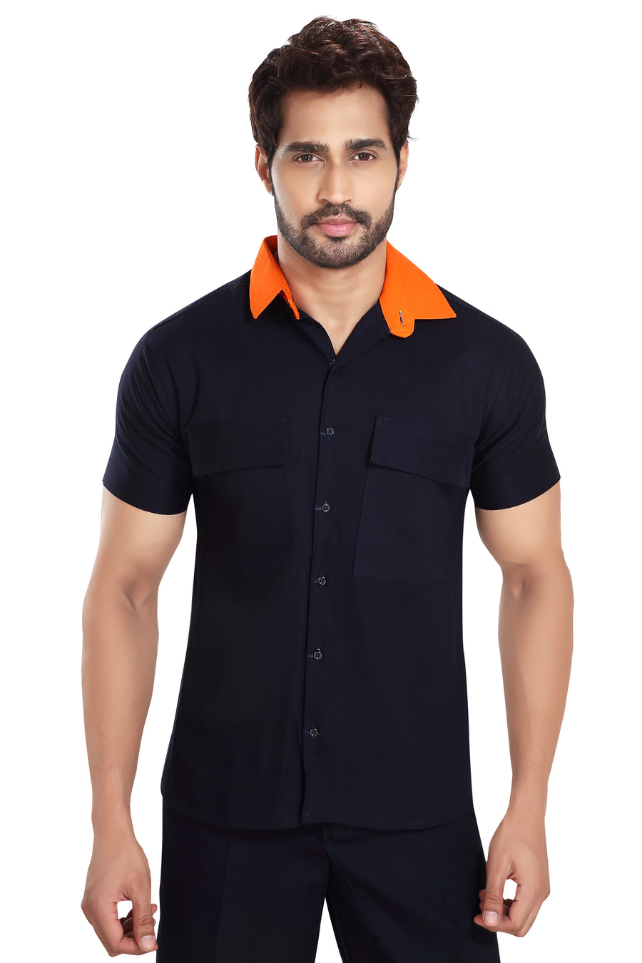 Industrial Worker Uniform – Navy Blue with Orange Collar, Half Sleeve - Back