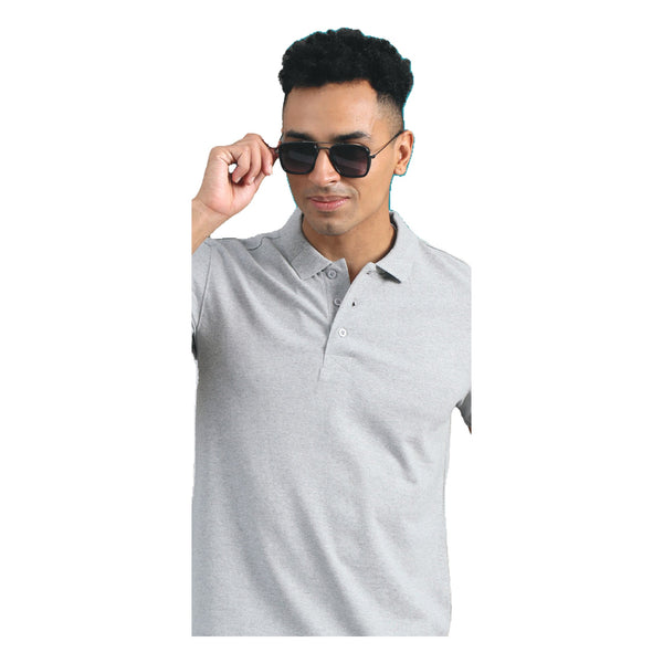 GC Jacquard Cotton Polo T-Shirt – Grey Melange – Front