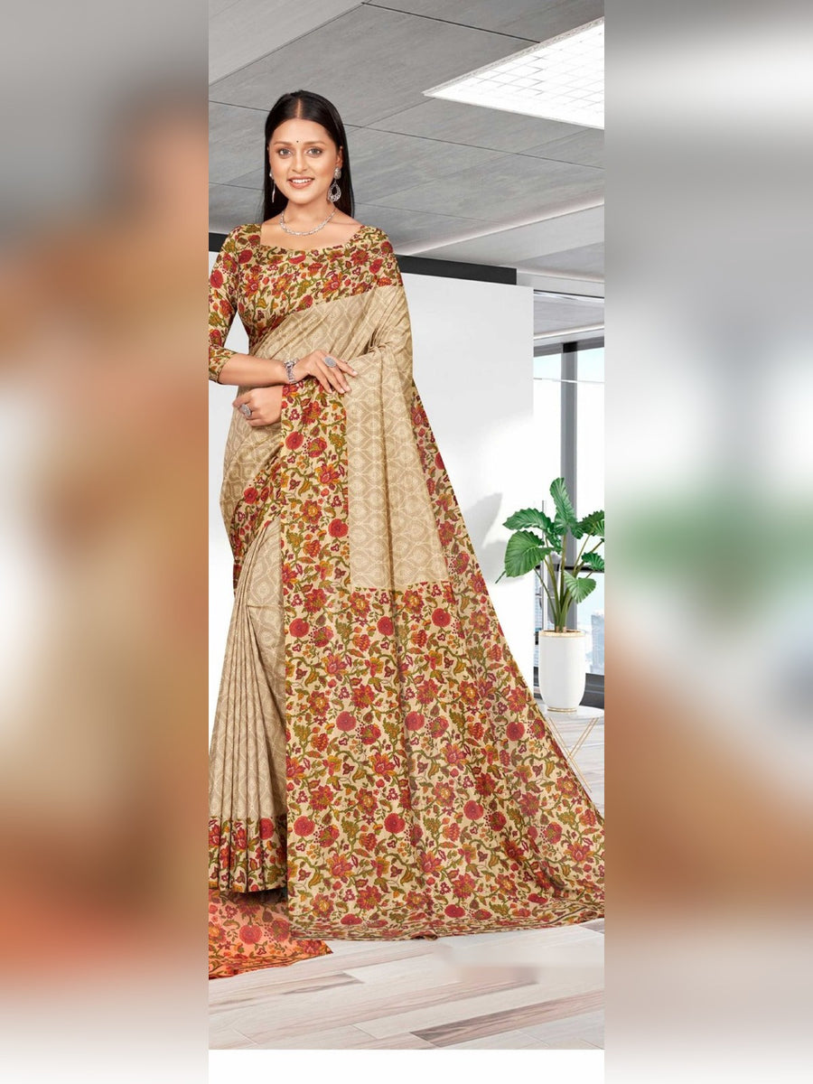 Women's Kaanchi Silk Uniform Saree – Beige Floral - Front