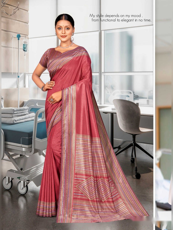 Kaanchi Silk uniform saree Coral Red Grey D.No 141