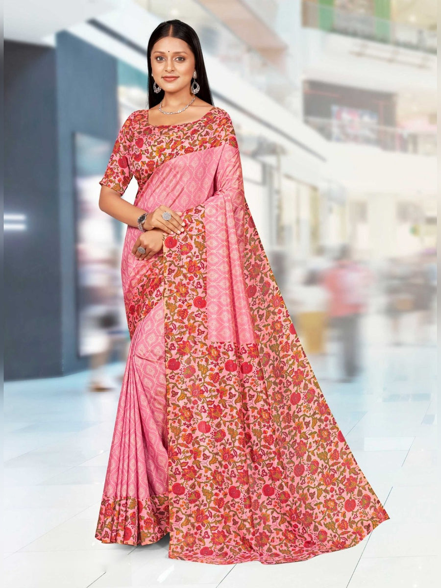 Women's Kaanchi Silk Uniform Saree – Pink Floral - Front