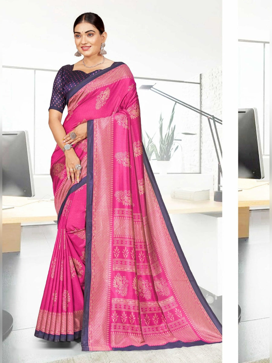 Women's Kaanchi Silk Uniform Saree – Rani Pink - Front