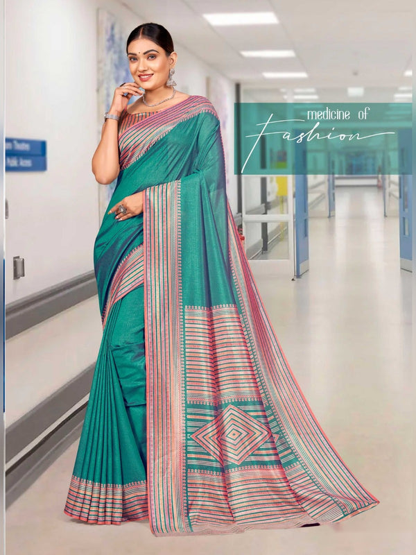 Kaanchi Silk uniform saree Teal Pink D.No 142