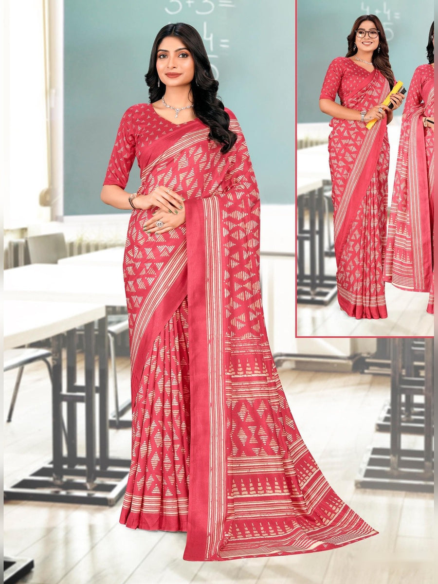 Women's Kanjivaram Silk Uniform Saree – Coral Pink - Front