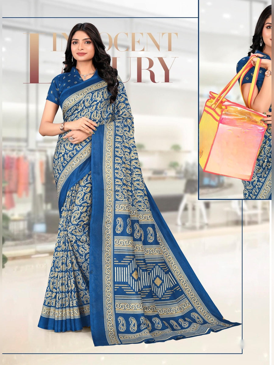 Women's Kanjivaram Silk Uniform Saree – Royal Blue & White - Front
