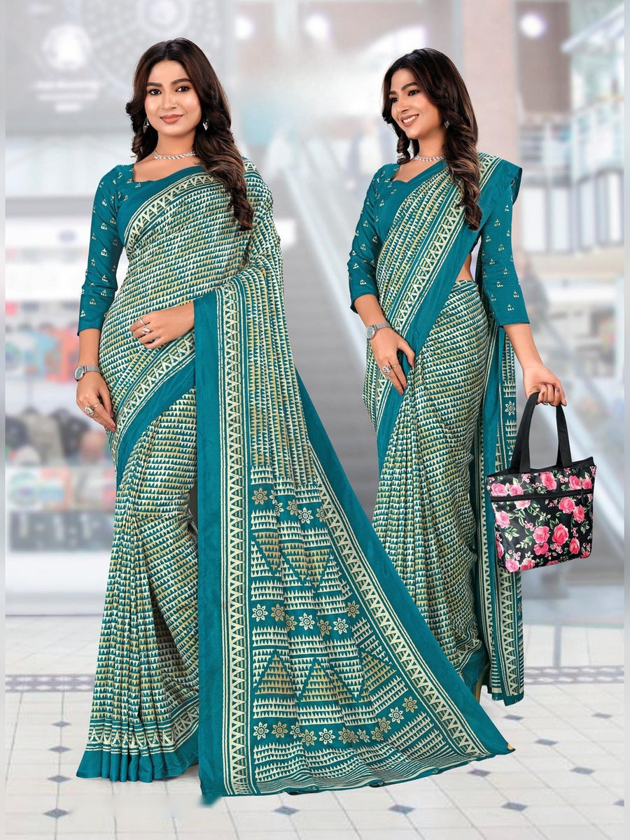 Women's Kanjivaram Silk Uniform Saree – Sea Green & Teal - Front