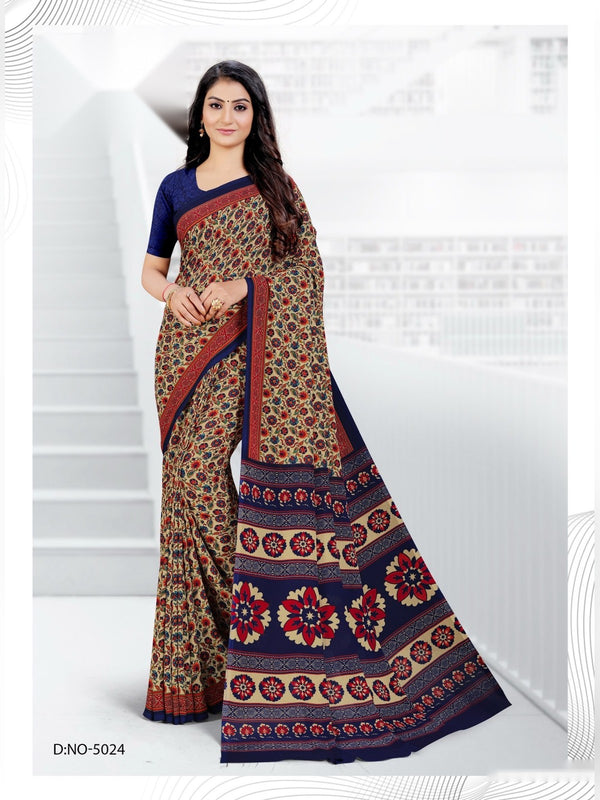Kia Crepe uniform saree Beige Navy D.No 5024