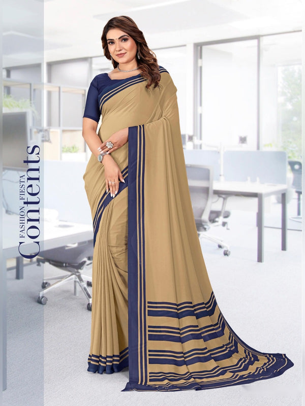 Kia Crepe uniform saree Beige Navy D.No 5035