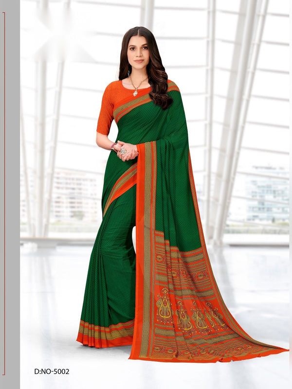 Kia Crepe uniform saree Bottle Green Orange D.No 5002