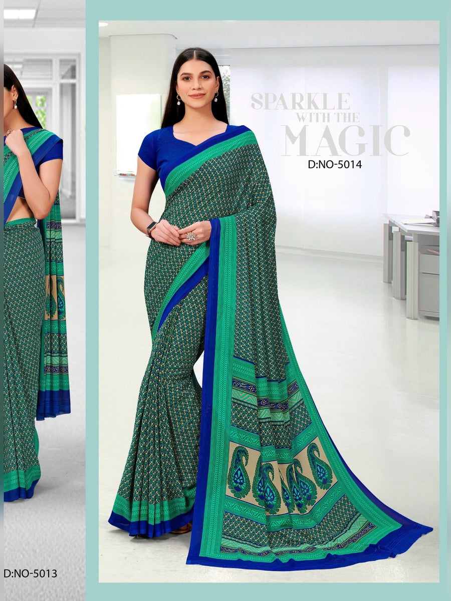 Women's Kia Crepe Uniform Saree – Bottle Green & Teal - Front