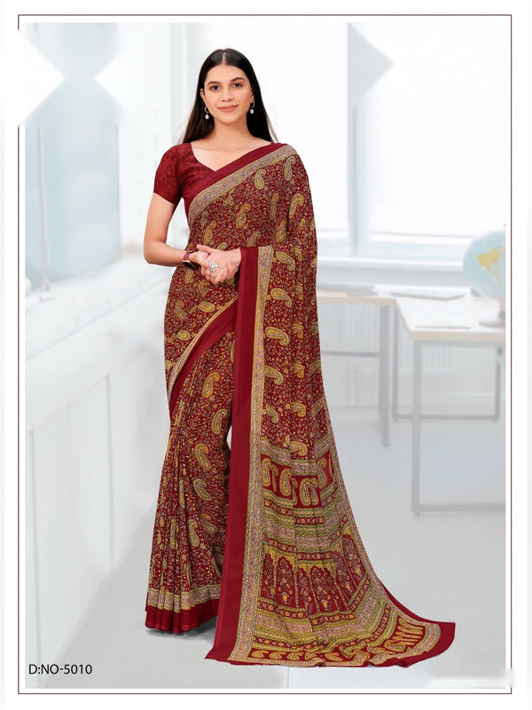Kia Crepe uniform saree Brown Maroon Floral D.No 5010