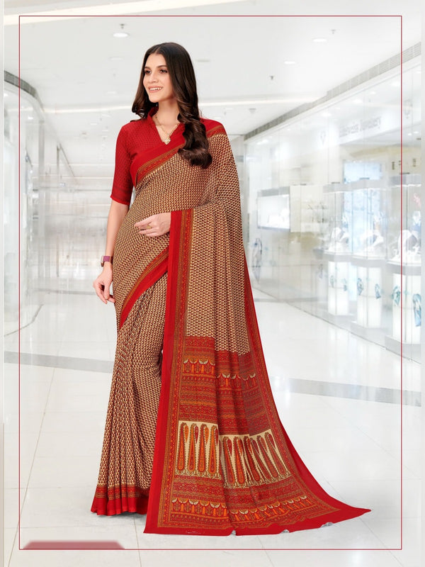 Kia Crepe uniform saree Brown Red D.No 5022