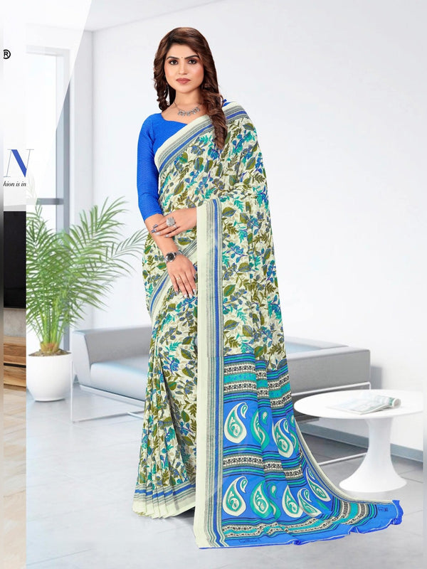 Kia Crepe uniform saree Cream Blue Paisley D.No 5038