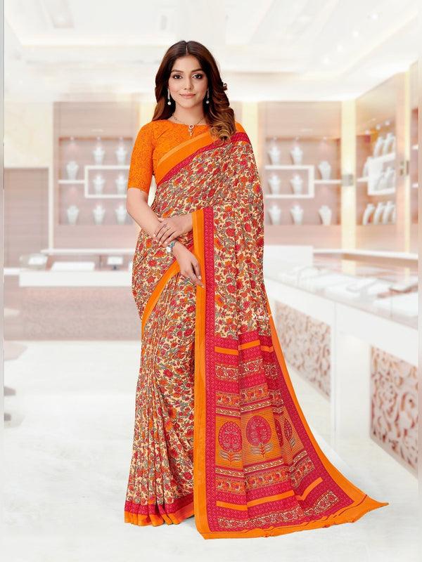Kia Crepe uniform saree Cream Floral Orange D.No 5012