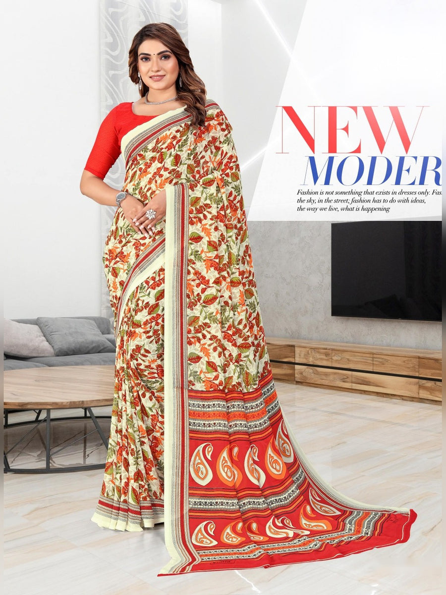 Women's Kia Crepe Uniform Saree – Cream Floral & Red Paisley - Front