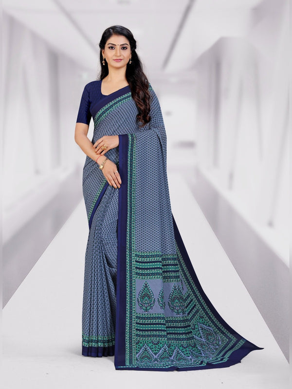 Kia Crepe uniform saree Grey Blue Teal D.No 5019