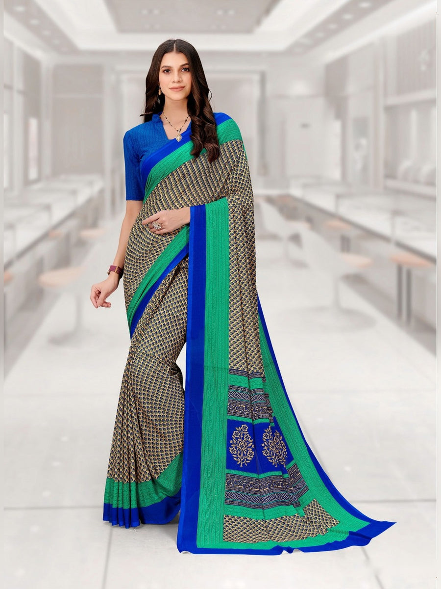 Women's Kia Crepe Uniform Saree – Grey & Green - Front
