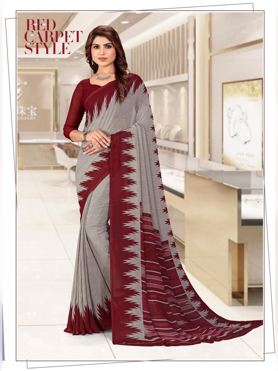 Women's Kia Crepe Uniform Saree – Grey & Maroon - Front