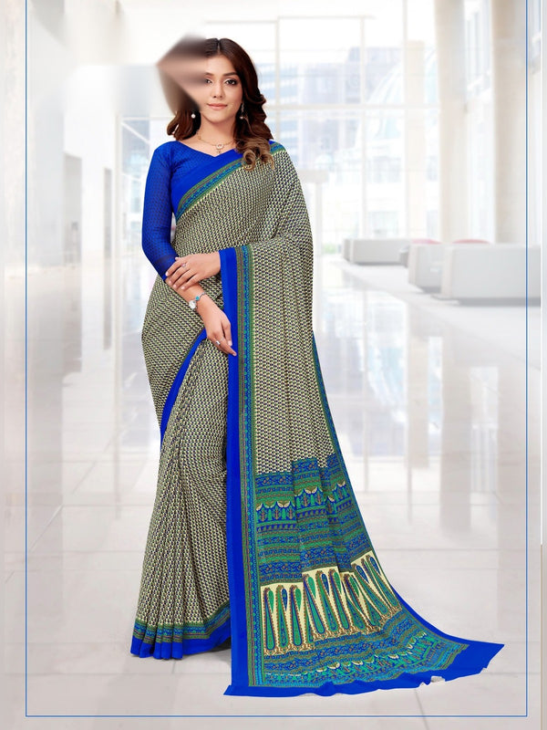 Kia Crepe uniform saree Grey Royal Blue D.No 5021