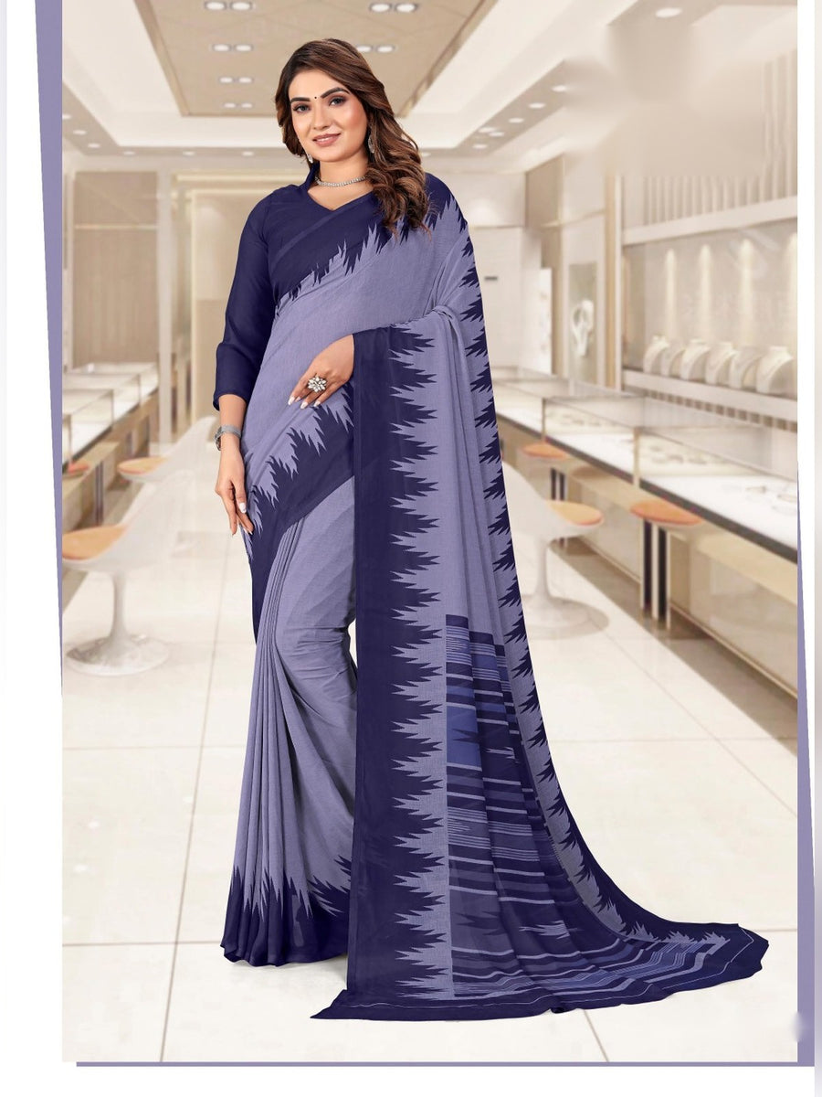 Women's Kia Crepe Uniform Saree – Lavender & Navy - Front
