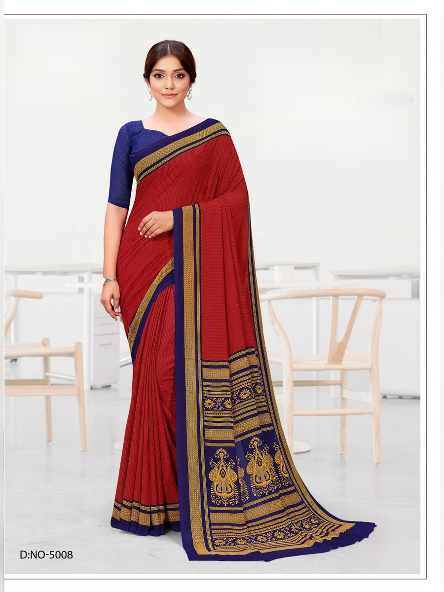 Women's Kia Crepe Uniform Saree – Maroon & Navy - Front
