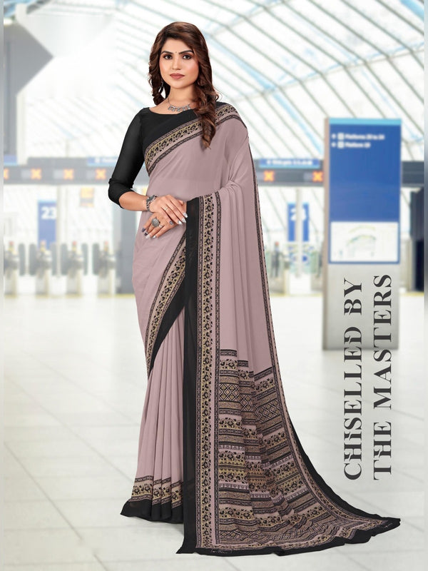 Kia Crepe uniform saree Mauve Grey Black D.No 5032
