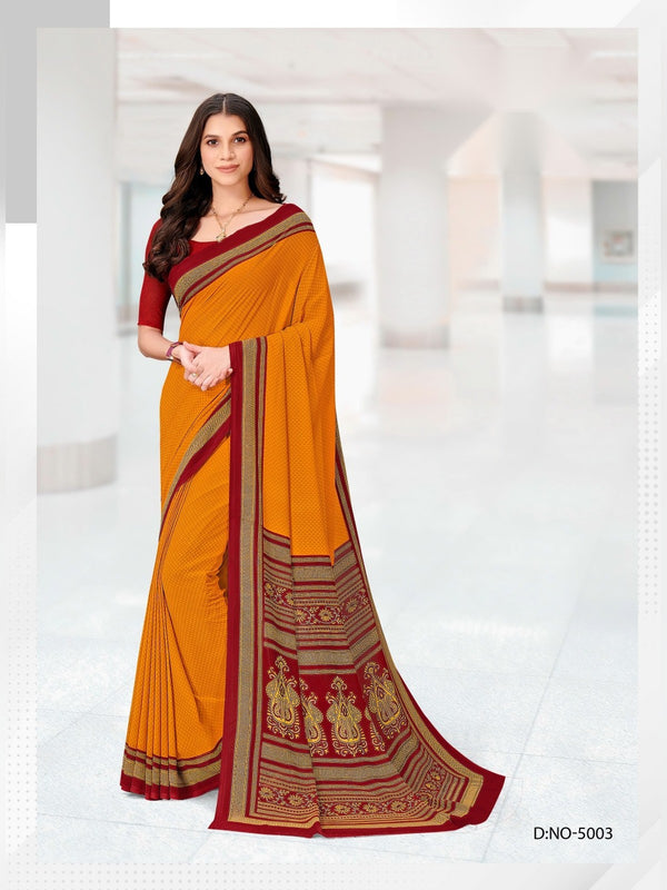 Kia Crepe uniform saree Mustard Maroon D.No 5003